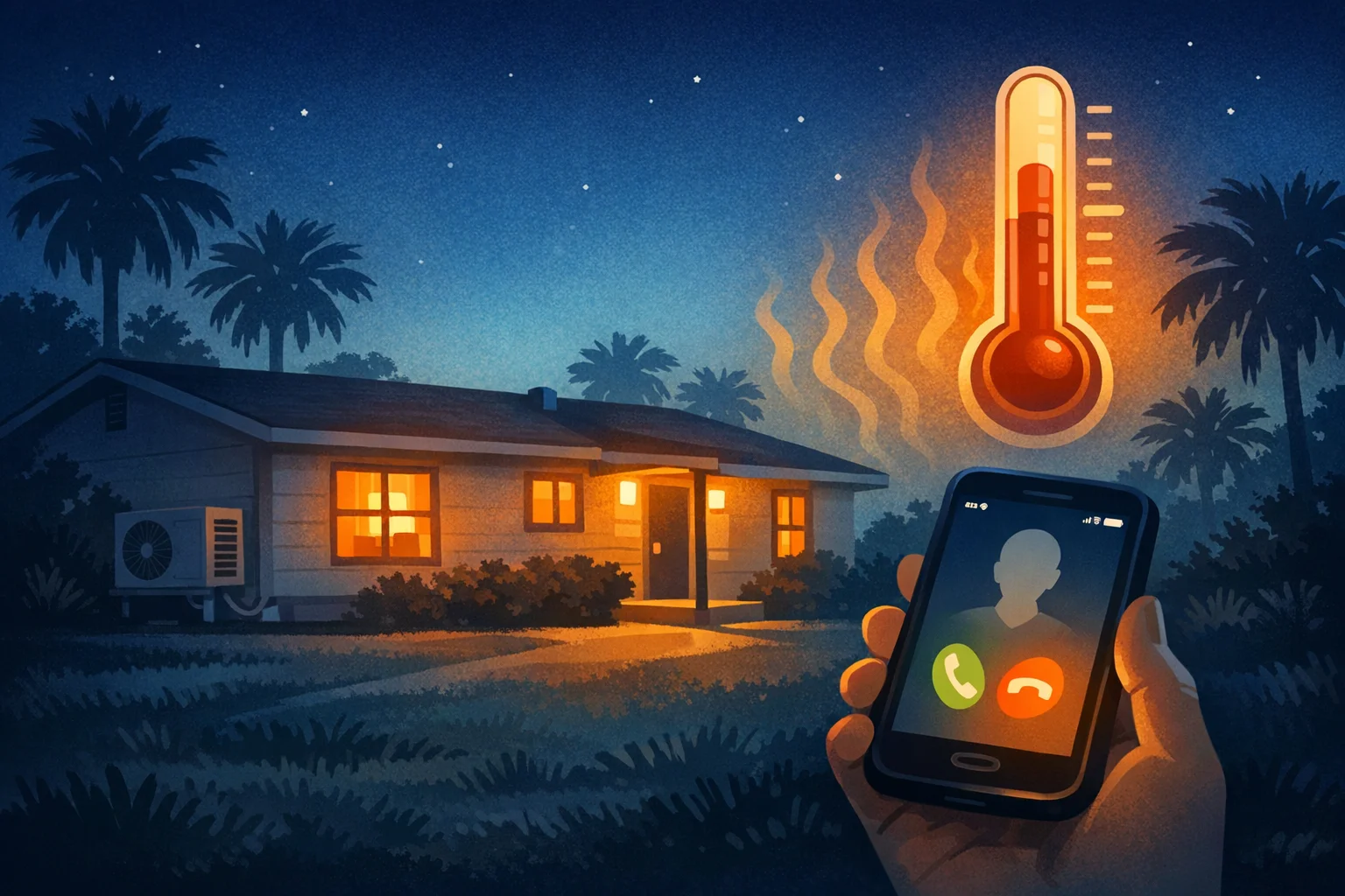 Illustration of a home at night with a phone call coming in for an AC emergency