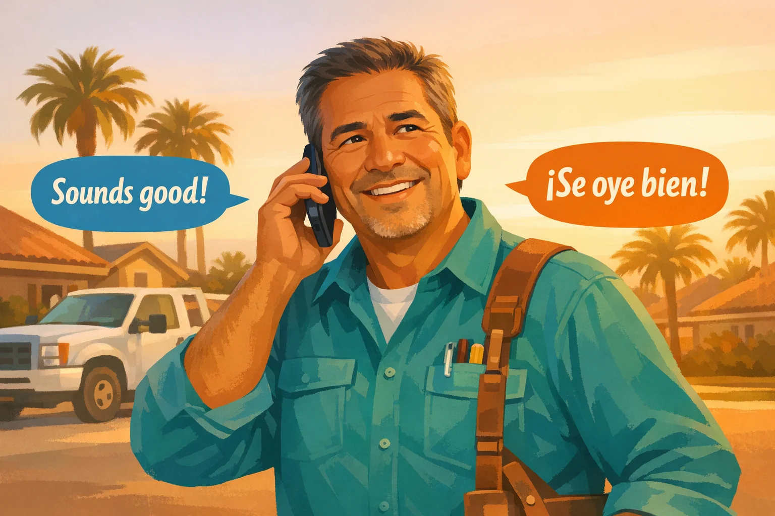 Contractor on a phone call with English and Spanish speech bubbles