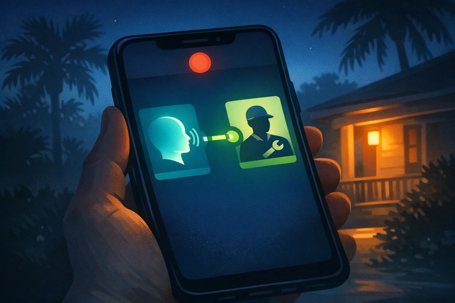 Illustration of a home at night with a phone call coming in for an AC emergency