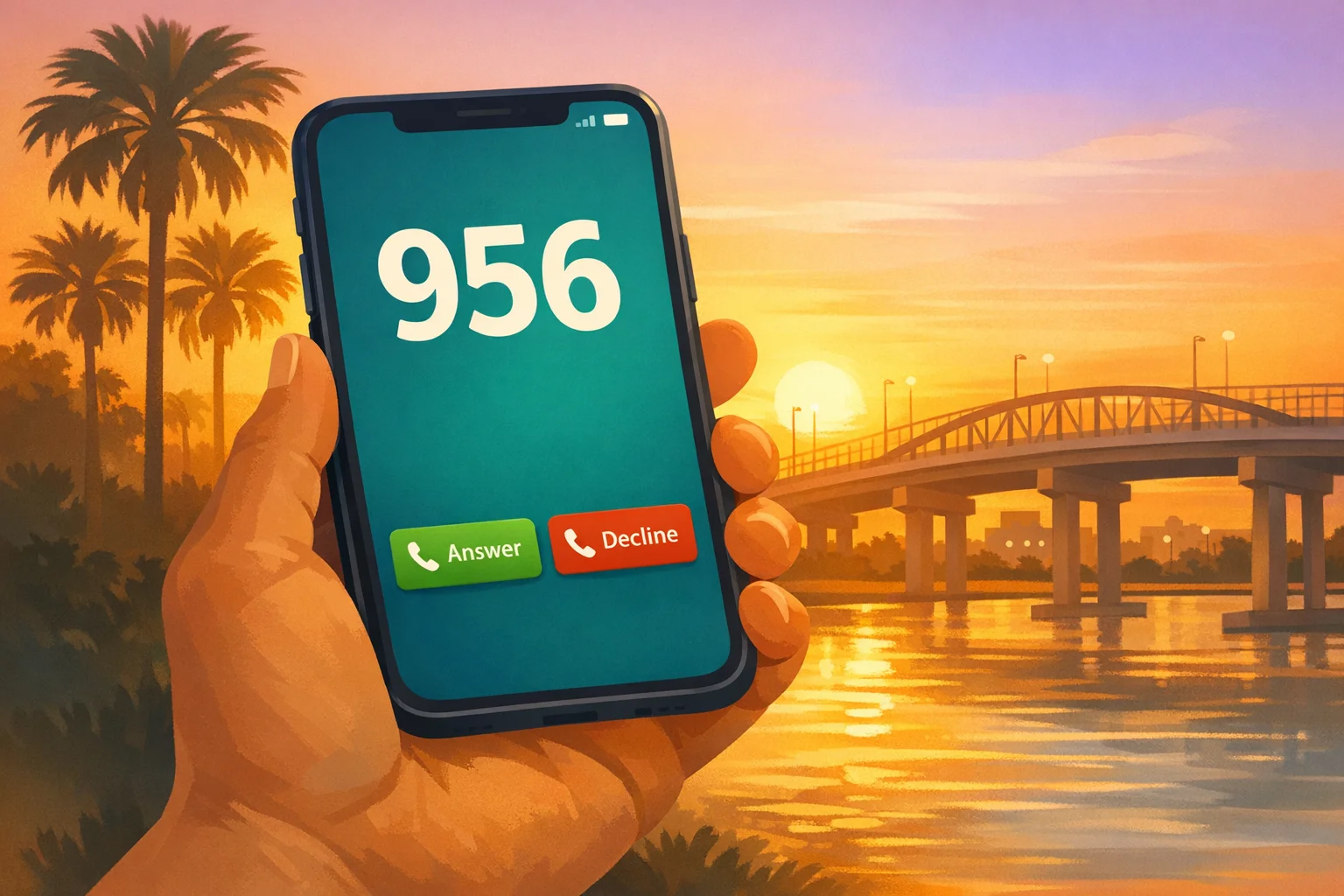 Phone showing incoming call from 956 area code with Rio Grande Valley background