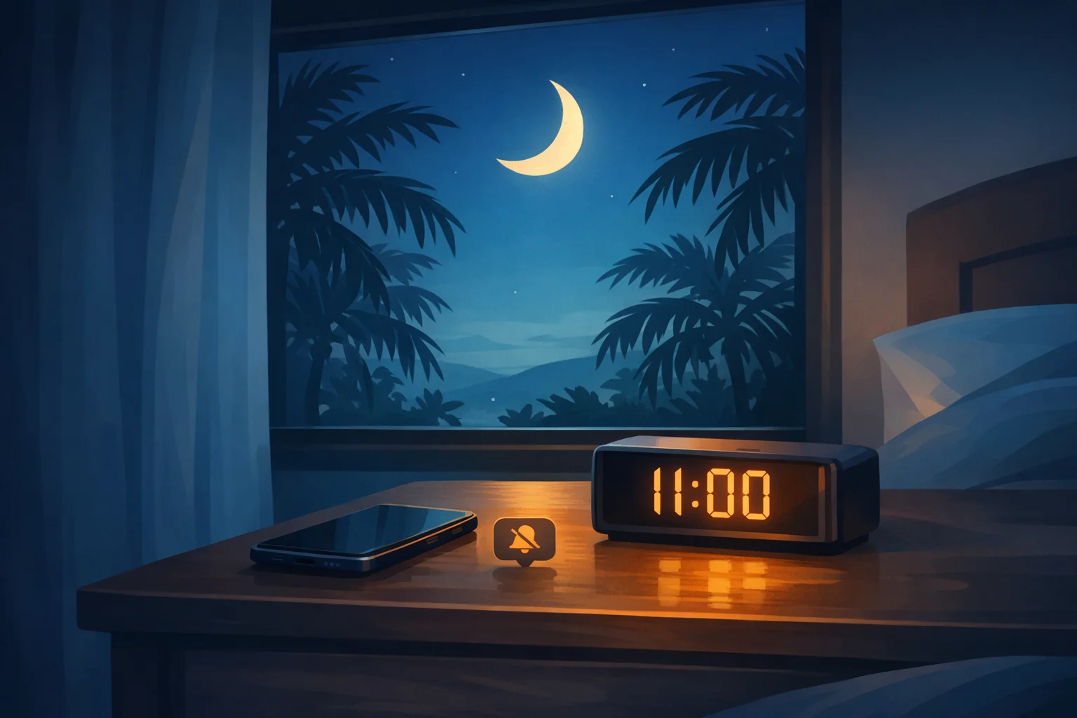 Phone on nightstand with paused notification under crescent moon