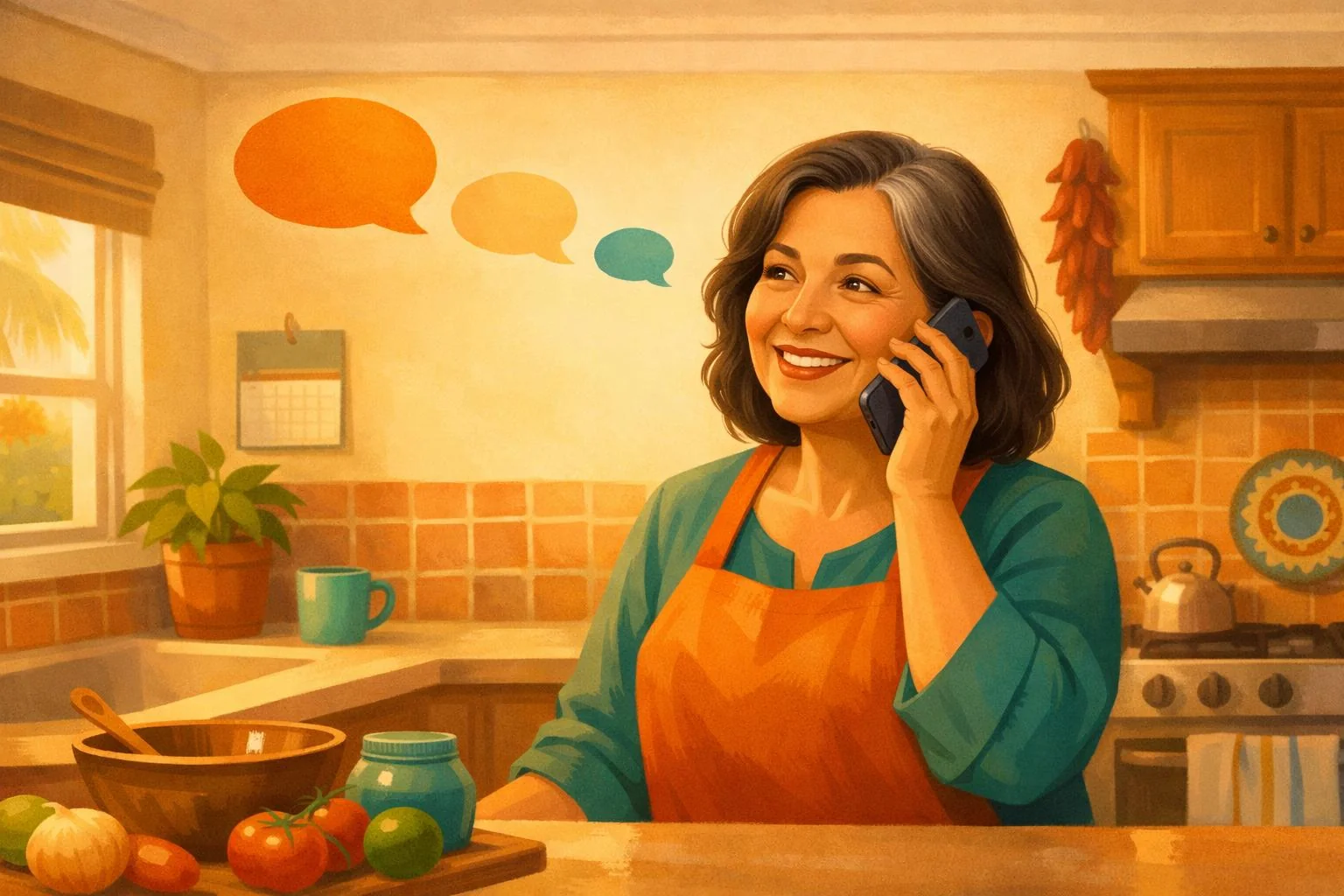 Smiling woman in her kitchen on a phone call, with small speech bubbles behind her from earlier calls.