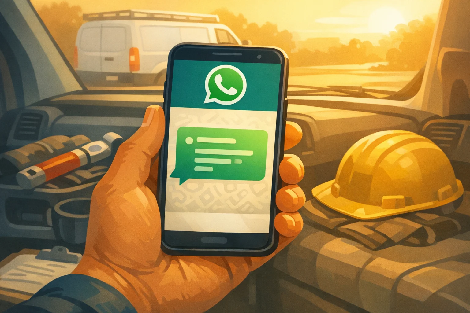 Hand holding phone showing WhatsApp lead summary message