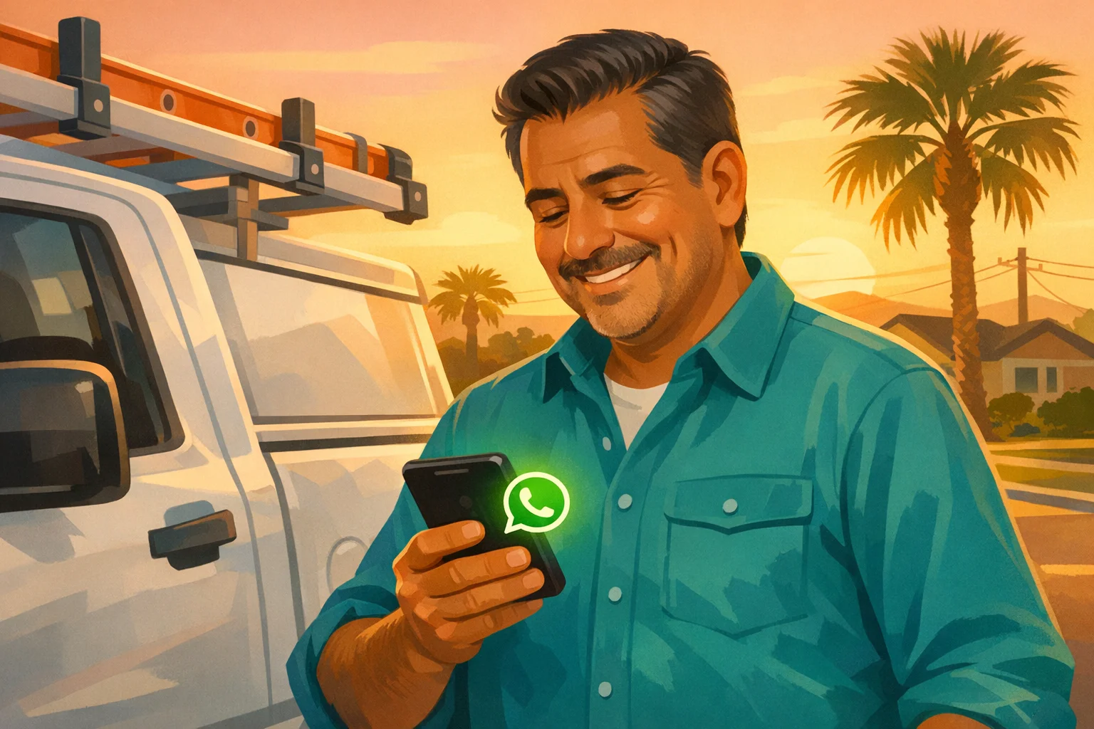 Service contractor checking phone notifications next to work truck