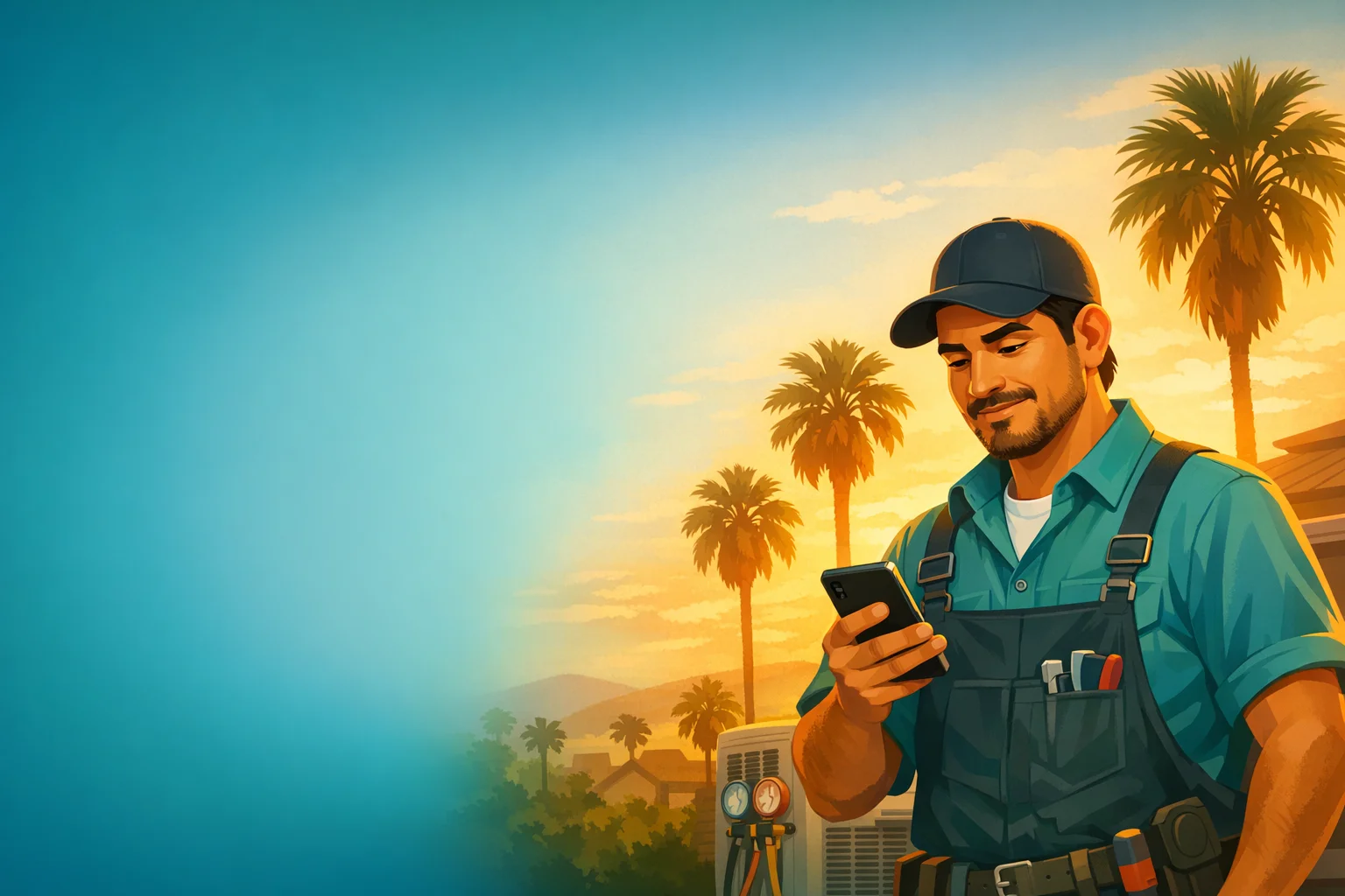 HVAC technician checking phone notifications with palm trees and AC unit