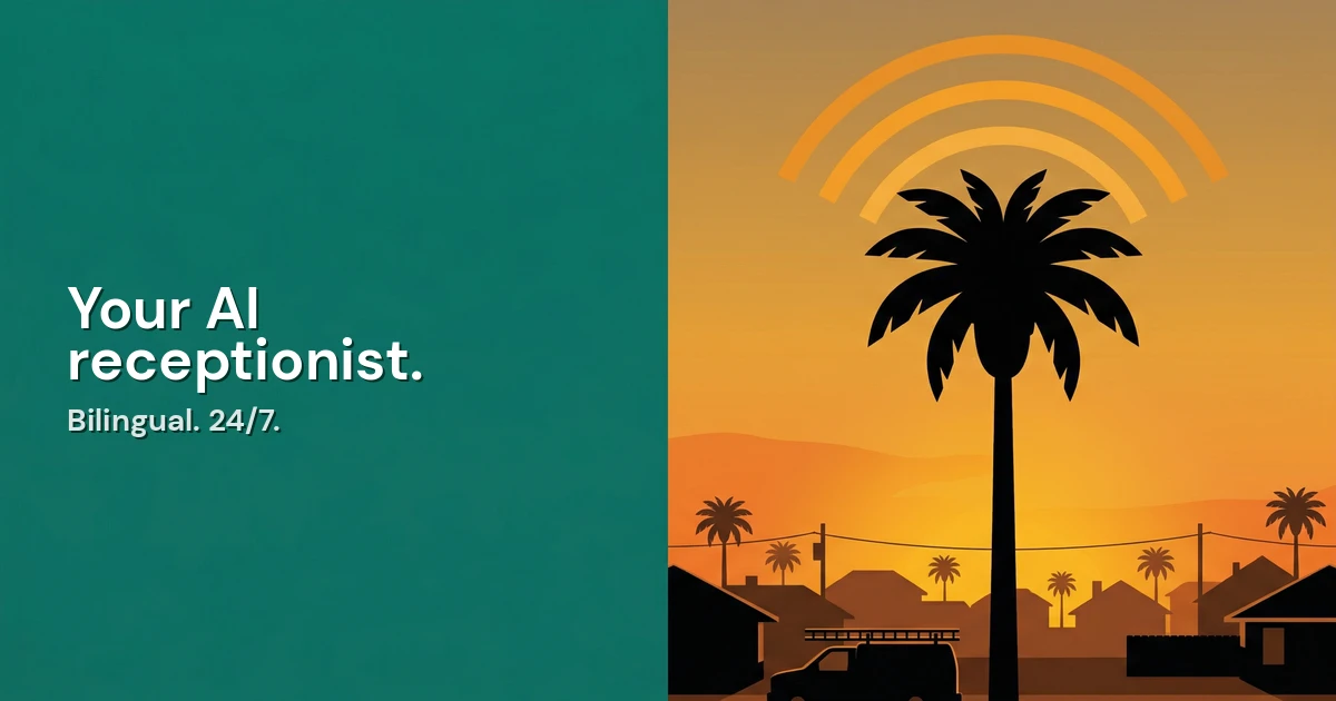 HVAC technician checking phone notifications with palm trees and AC unit